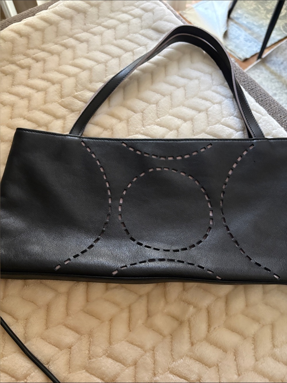 Vintage Caslon Black Leather Shoulder Bag with Cutout Circle Detail
